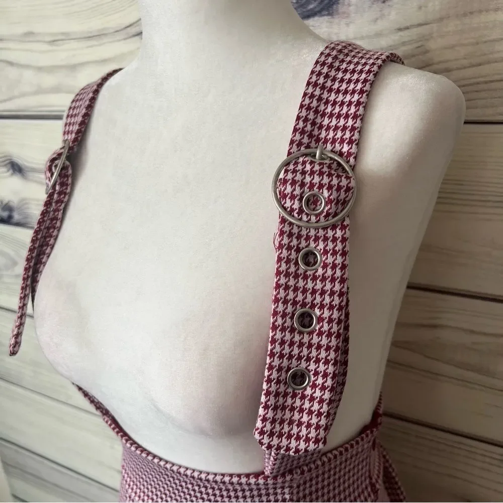 Forever 21 Maroon & White Houndstooth Pleated High Waist Skirt with Straps